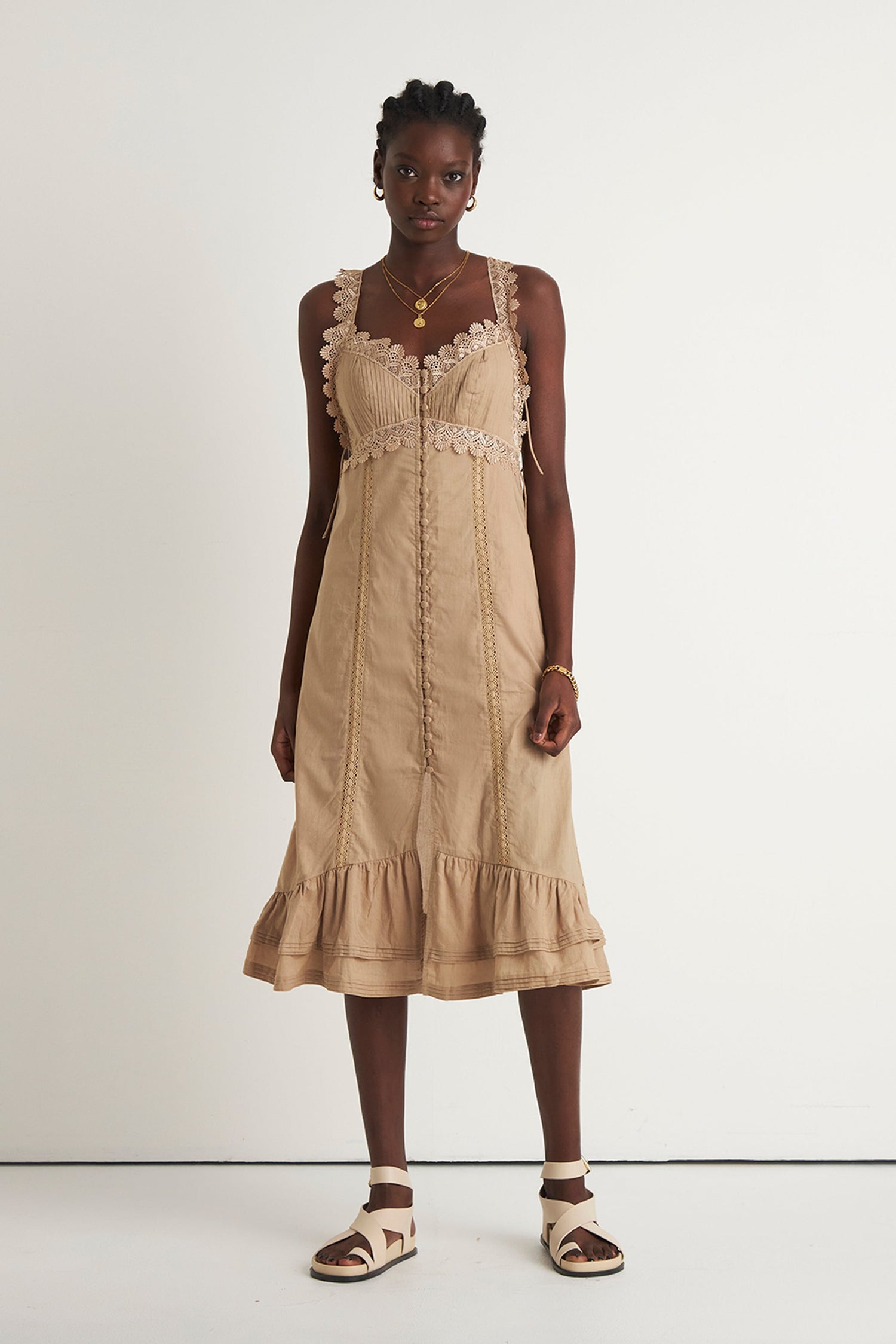 PRAIRIE LACE TIE DRESS (TAUPE)