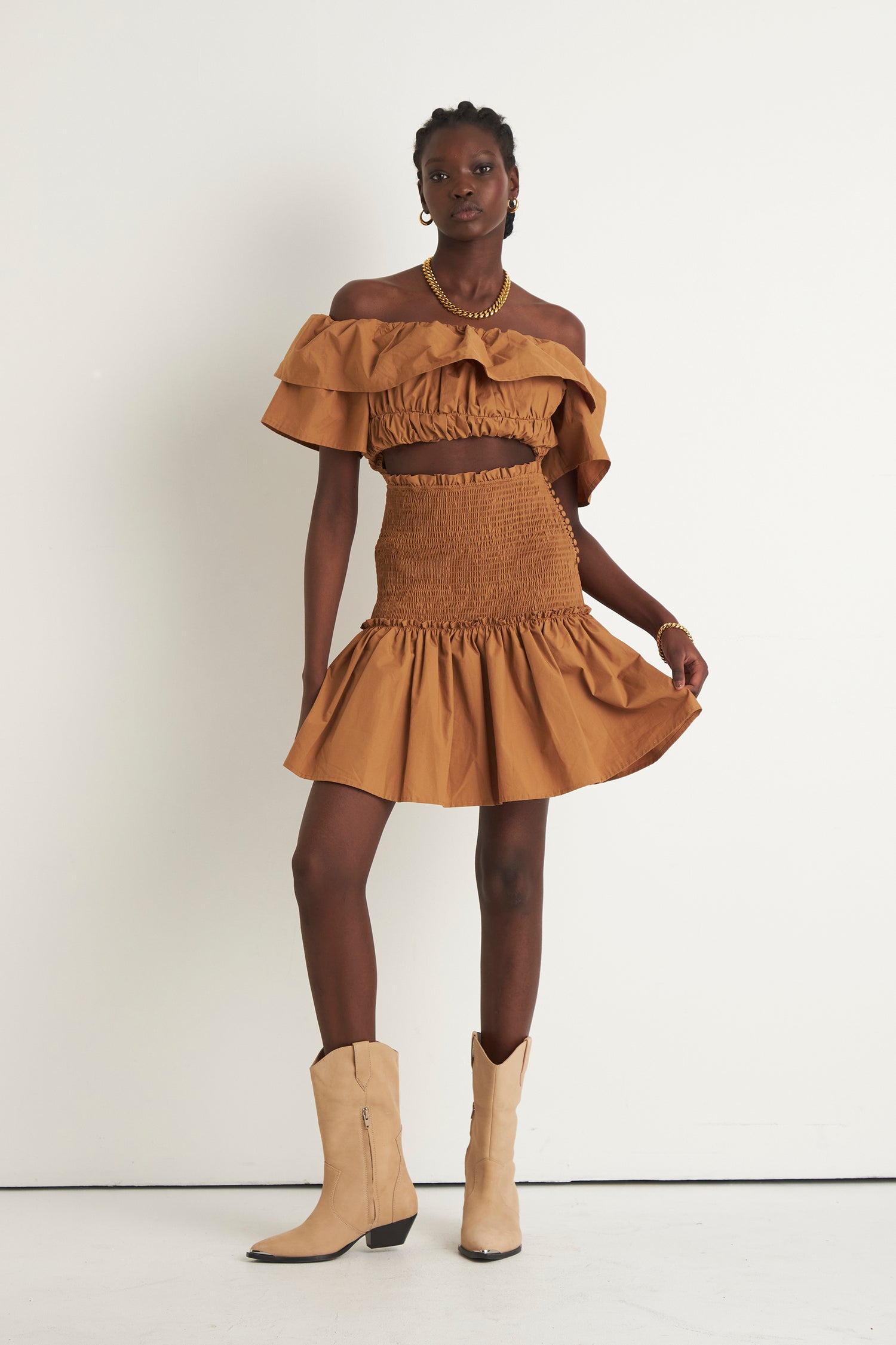 MATILDA SHIRRED SKIRT (TABACOO)