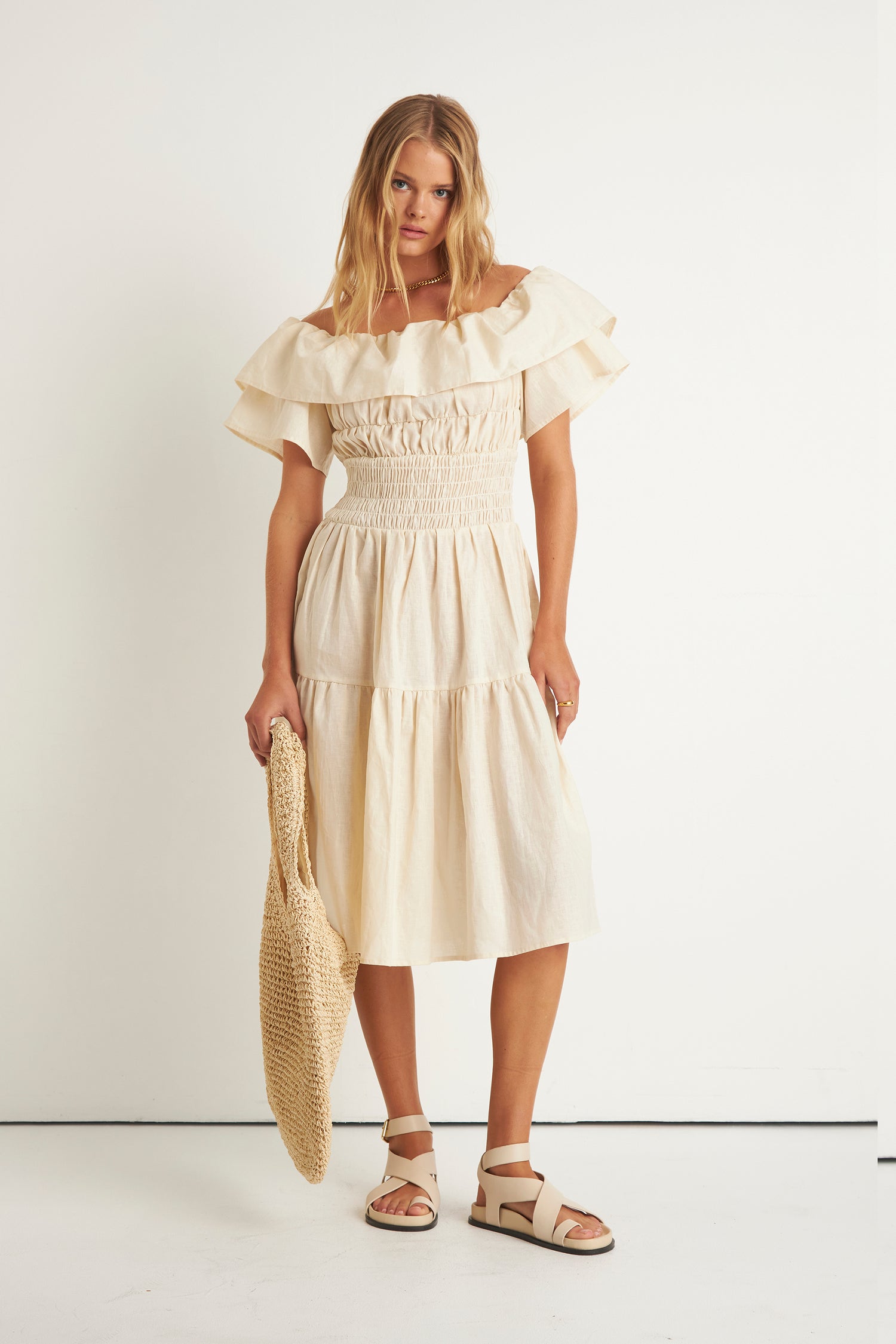 HELENA SHOULDER FRILL DRESS (CREME)