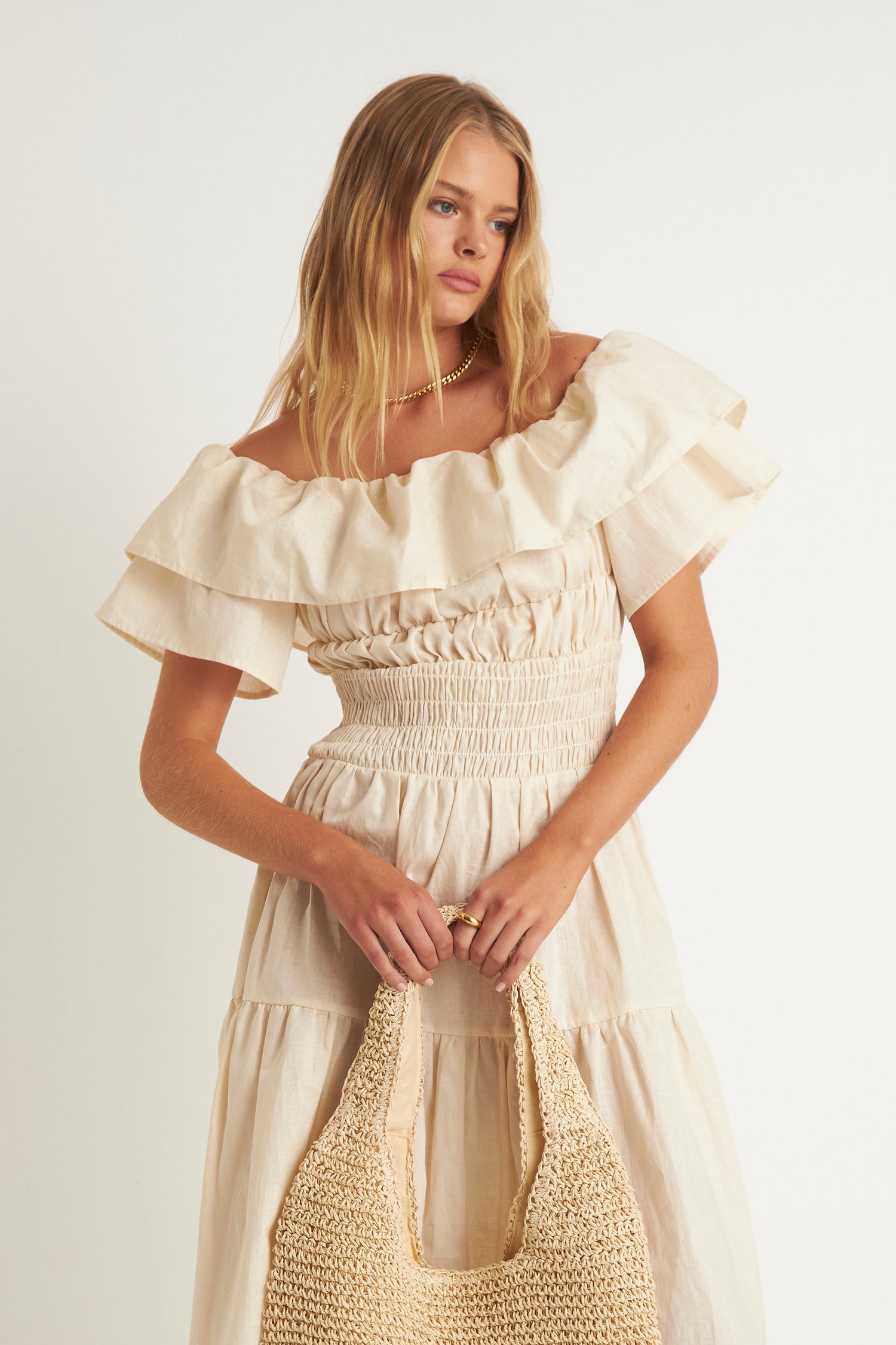 HELENA SHOULDER FRILL DRESS (CREME)