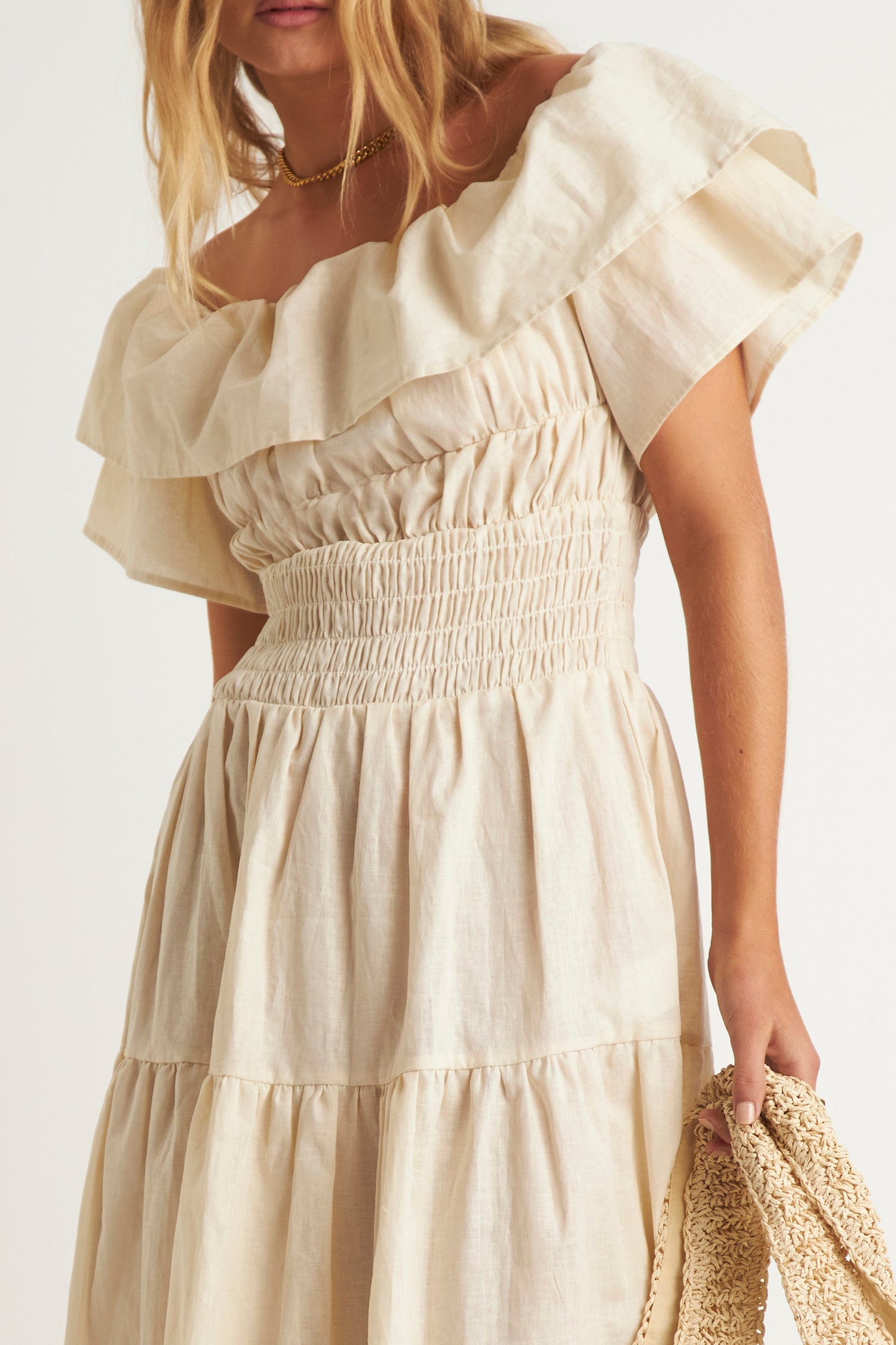 HELENA SHOULDER FRILL DRESS (CREME)