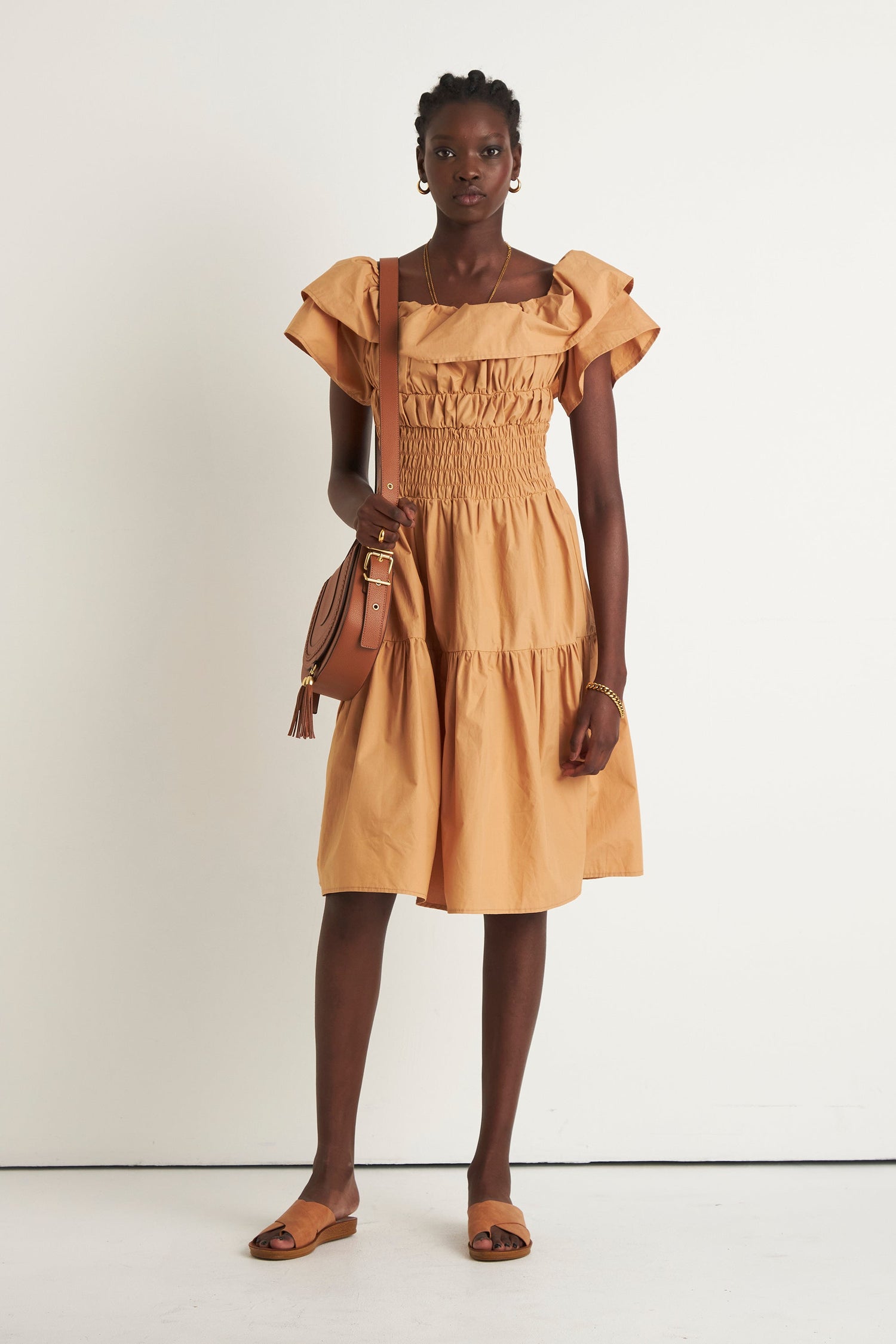 HELENA SHOULDER FRILL DRESS (TAN)