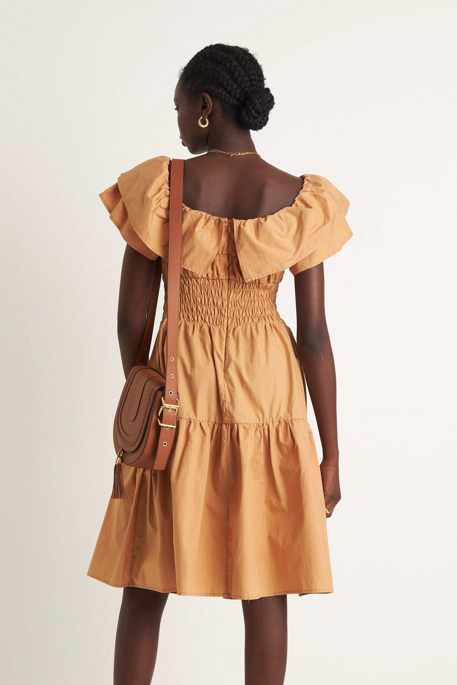 HELENA SHOULDER FRILL DRESS (TAN)